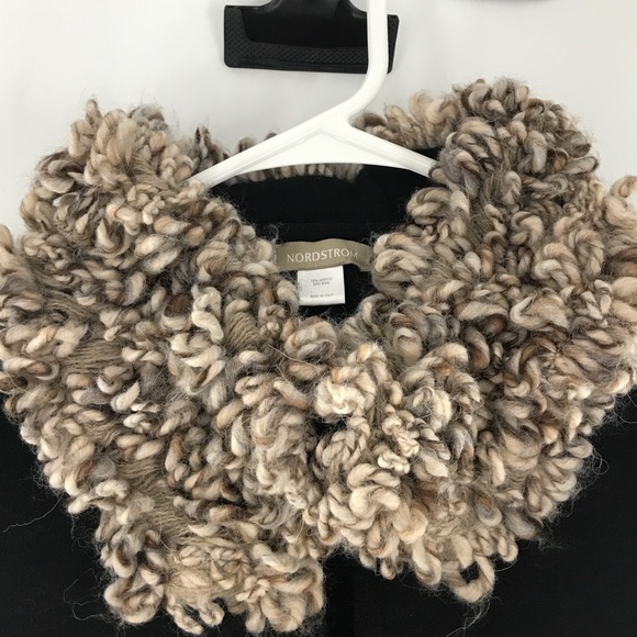 VTG Nordstrom Black Knit Cape Style Cardigan Contrasting Yarn Collar Shag Pocket - Picture 3 of 12